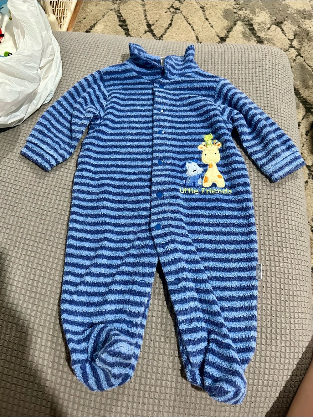 Carter's Blue Striped Plush Footed One-Piece with Little Friends Applique